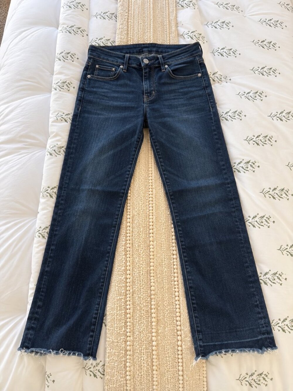PAIGE Size 28 Dark Wash Frayed Hem Straight Leg Jeans